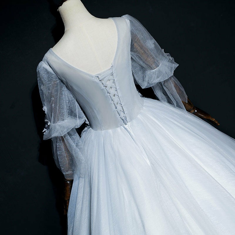 Lovely Grey Tulle Puffy Sleeves with Lace Long Formal Dresses, Sweet 16 Dress